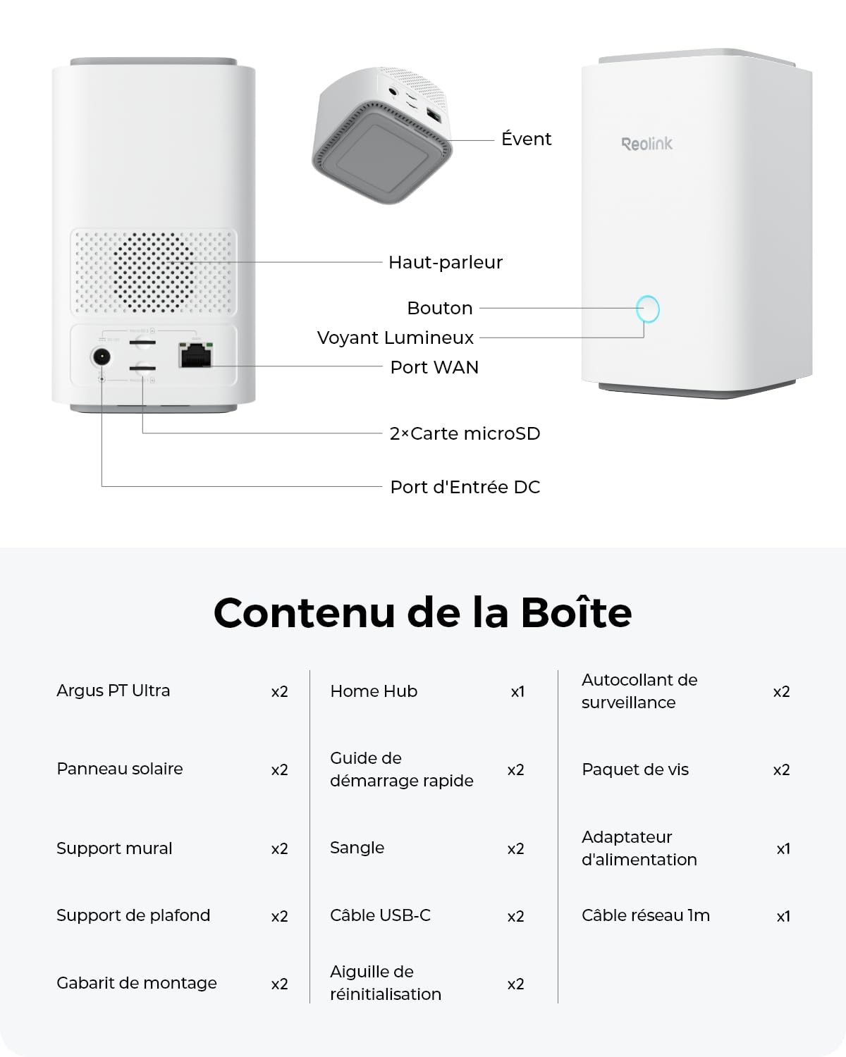Reolink 4K Kit Cameras Exterieur sans Fil, 360° Suivi Auto & PT, Home Hub | 2 Caméras Argus PT Ultra, Vision Nocturne Couleur, Stockage Local sans Abonnement, Wi-Fi 2.4/5GHz, Panneau Solaire Inclus