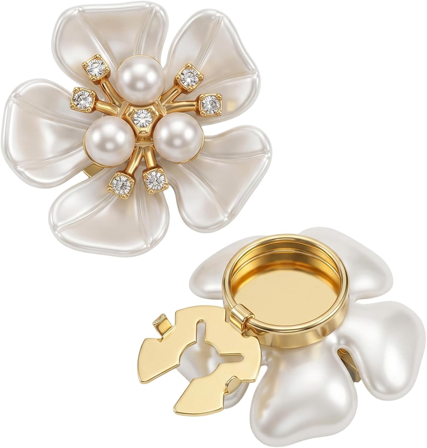 2Pcs Pearl Flower Button Cover, Clip On Button Covers for Women, White Cufflink Shirt Accessory for Daily, Work, Wedding, DIY