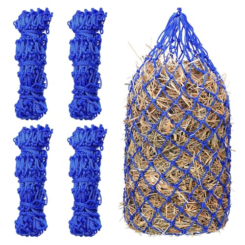 JDRGJTH 4 Pcs Slow Feed Hay Net 40 Inch Hay Nets for Horses Hanging Hay Feeder for Goats 2x2 in Round Mesh Holes Horse Hay Bag Horse Feeding Supplies for Trailer and Stall,Simulates Grazing (Blue)