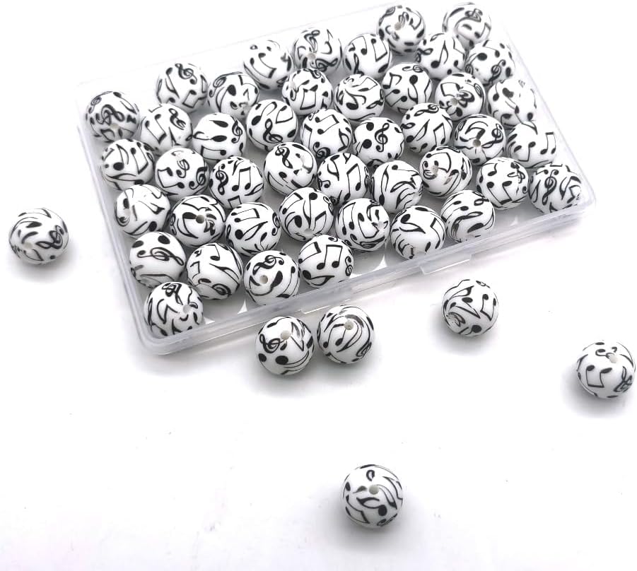 YOKUSHI 50 PCS Music Printed Silicone Beads 15mm Bulk, Print Loose Rubber Round Focal Bead for Keychain Pens Necklace Bracelet Lanyard Making image 5