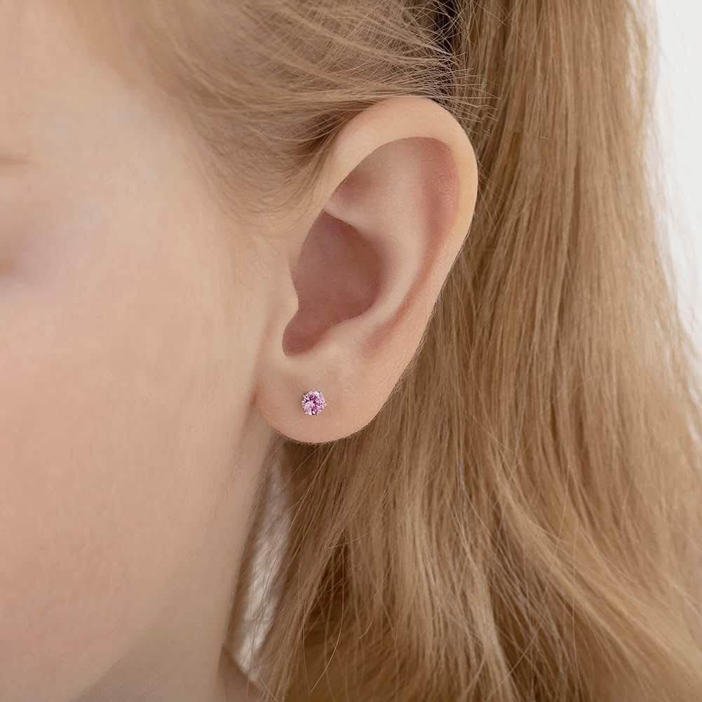 14k White Gold 4mm Baby Girl's Round Simulated Birthstone Prong Setting Screw Backs for Infants & Toddlers - Elegant Round Stud Cubic Zirconia Earrings For a Girls Birthday