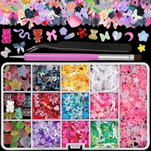 Image of Sinyanail 3D Nail Charms Kit - Cute Rabbit Bear Bowknot & Floral Charms with Gummy Hearts Lollipop and Shiny Rhinestones for Women's Manicure Making DIY Crafts, Comes with Pickup Tools(13 Grids)