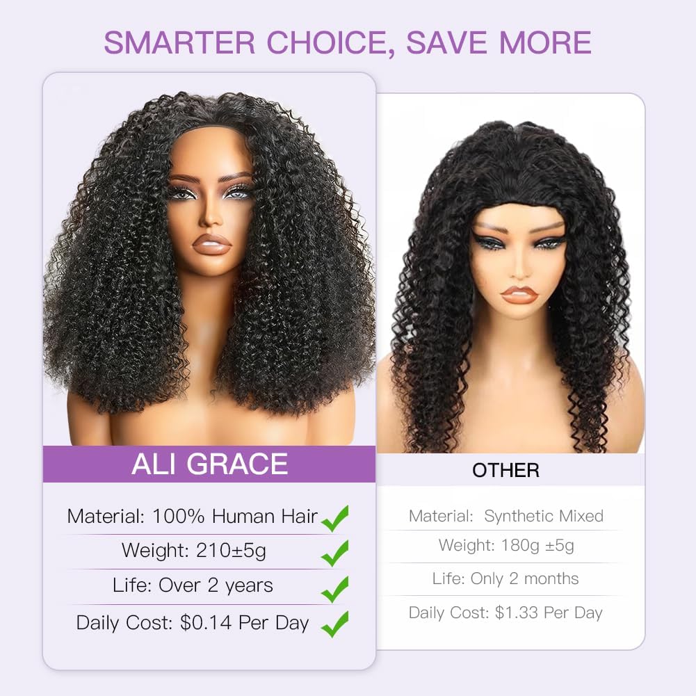 Ali Grace 20 Inch 250% Density Kinky Curly Half Wig Human Hair 3 In 1 Drawstring Seamless Flip Over Half Wigs For Women Glueless Wigs Beginner Friendly Half Curly Human Hair Wig Natural Color
