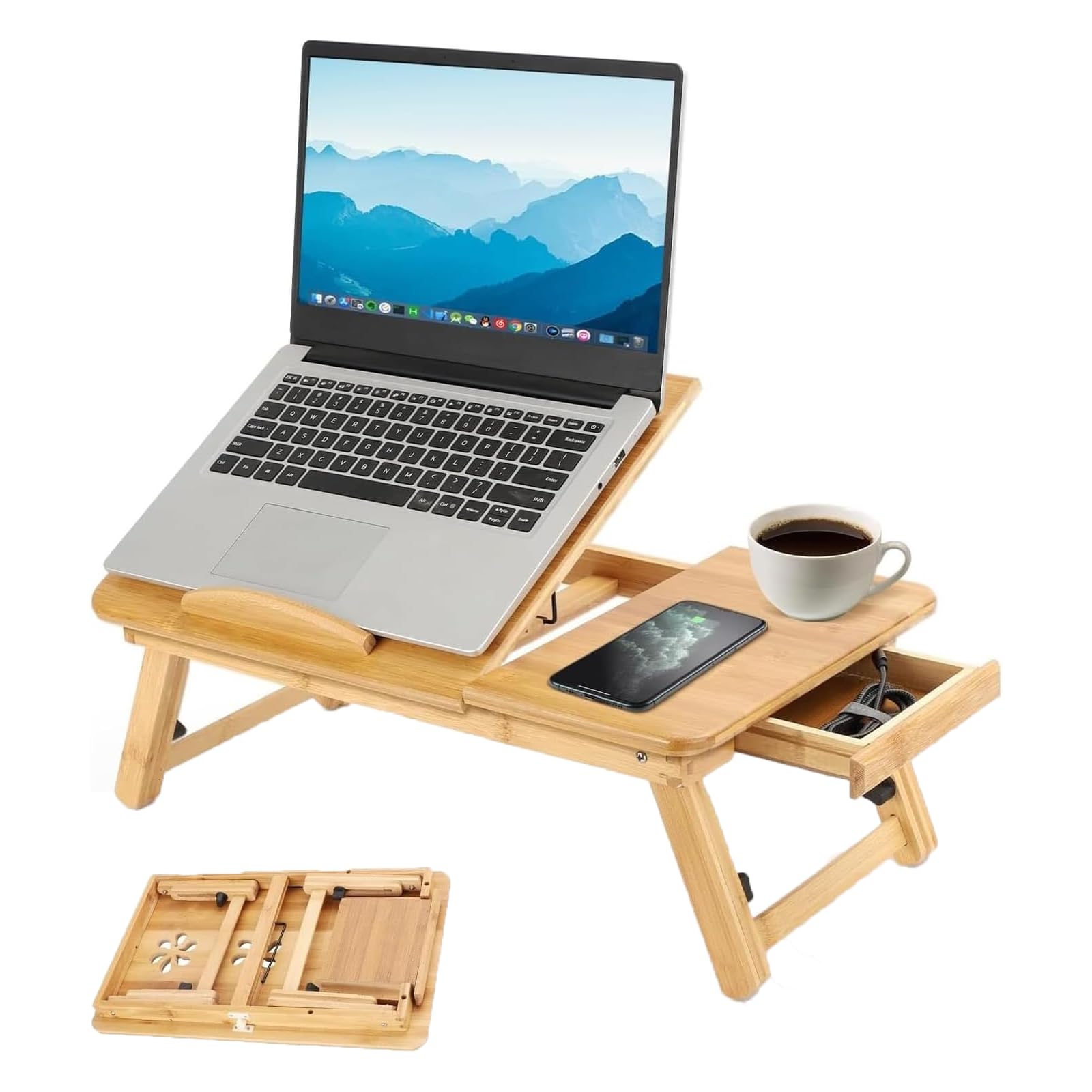 BREEZENEST Bamboo Laptop Bed Table with Drawer - Foldable Bed Desk, Wooden Computer Stand for Home Office, Adjustable Height Tray with Anti-Slip Baffle, Natural