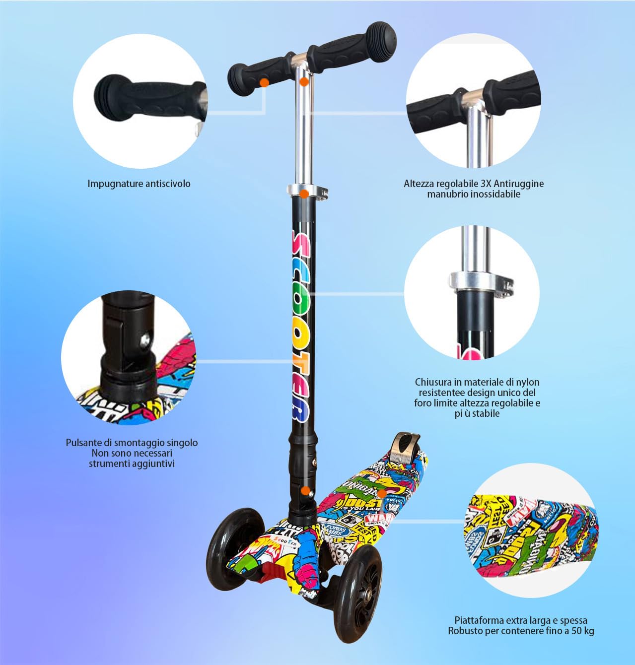 Monopattino Bambini Pieghevole con 3 Ruote Luminose a LED - Regolabile in Altezza per bambini da 3 a 12 anni - Carico Massimo 50kg giochi bambini