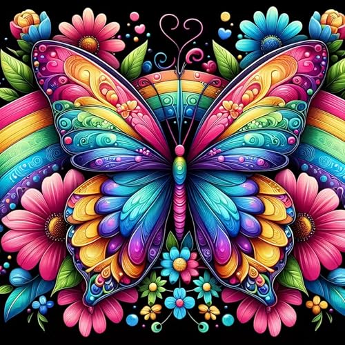 Diamond Art Kits for Adults Rainbow Butterfly Diamond Paintings Kits for Beginners Flower 5D DIY Paint By Diamonds Full Round Drill Diamond Dot Gem Art Painting Kits for Home Wall Decor 13.8X13.8 Inch