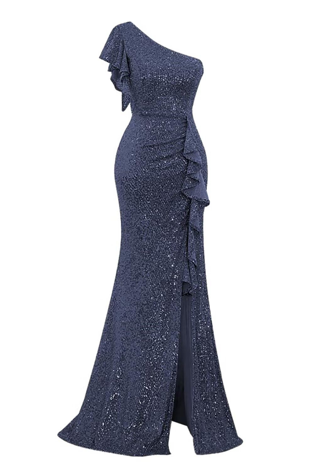 Sequin Ruffle Formal Dresses One Shoulder Mermaid Evening Gown Sparkly Long Maxi Dress with Slit
