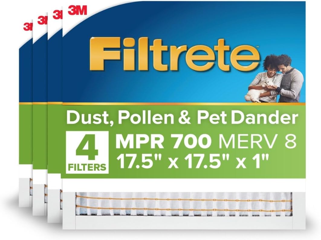 Filtrete 17.5x17.5x1 AC Furnace Air Filter, MERV 8, MPR 700, Tough on Pollen, Easy on Airflow, 3-Month Pleated 1-Inch Electrostatic Air Cleaning Filter, 4-Pack (Actual Size 17.19 x 17.19 x 0.81 in)