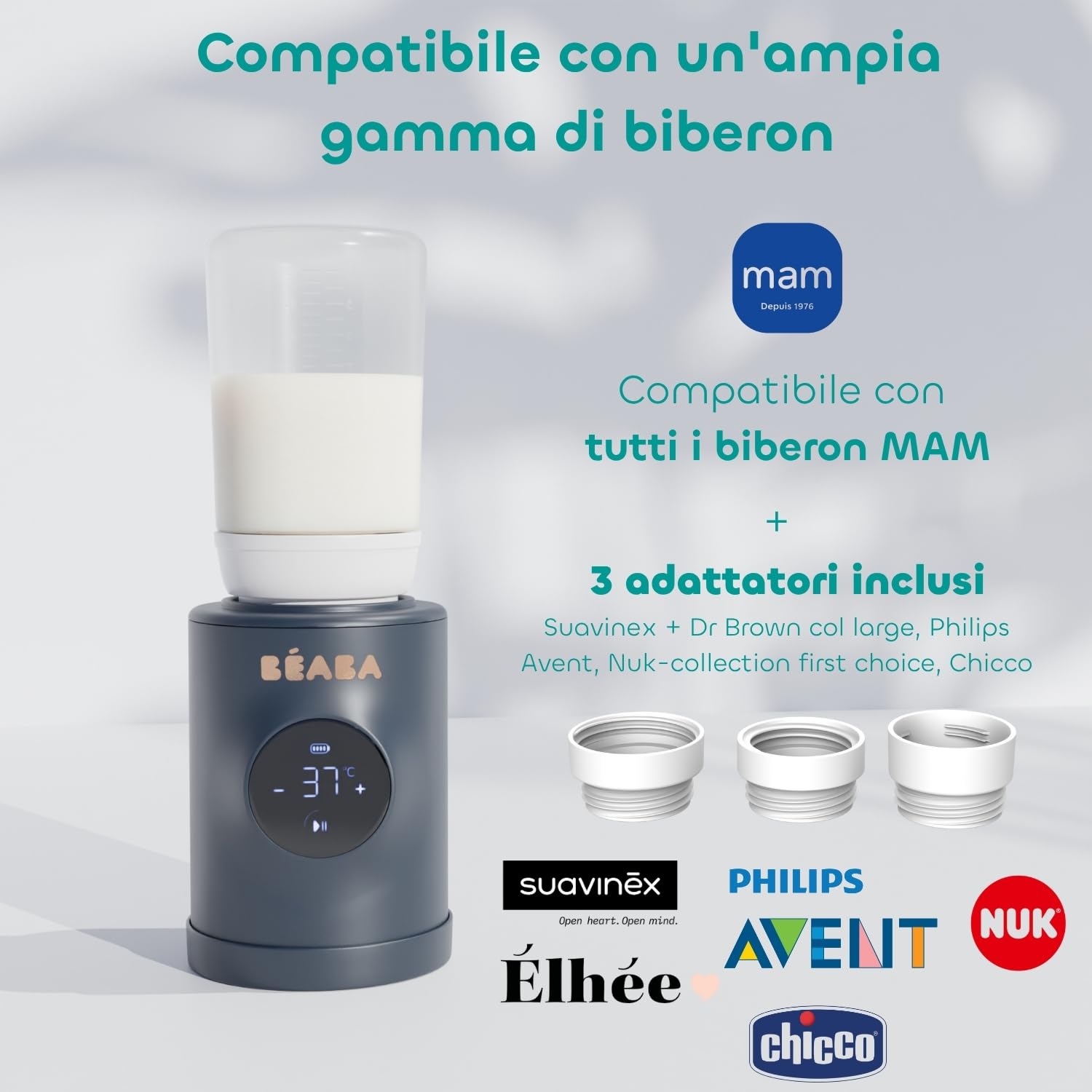 BÉABA - Milk Nomad - Scaldabiberon Nomad ultraveloce a batteria - Riscalda in -3 minuti, temperatura regolabile (21-49°C), miscelatore brevettato No-Scum, USB-C, compatto e compatibile con i biberon