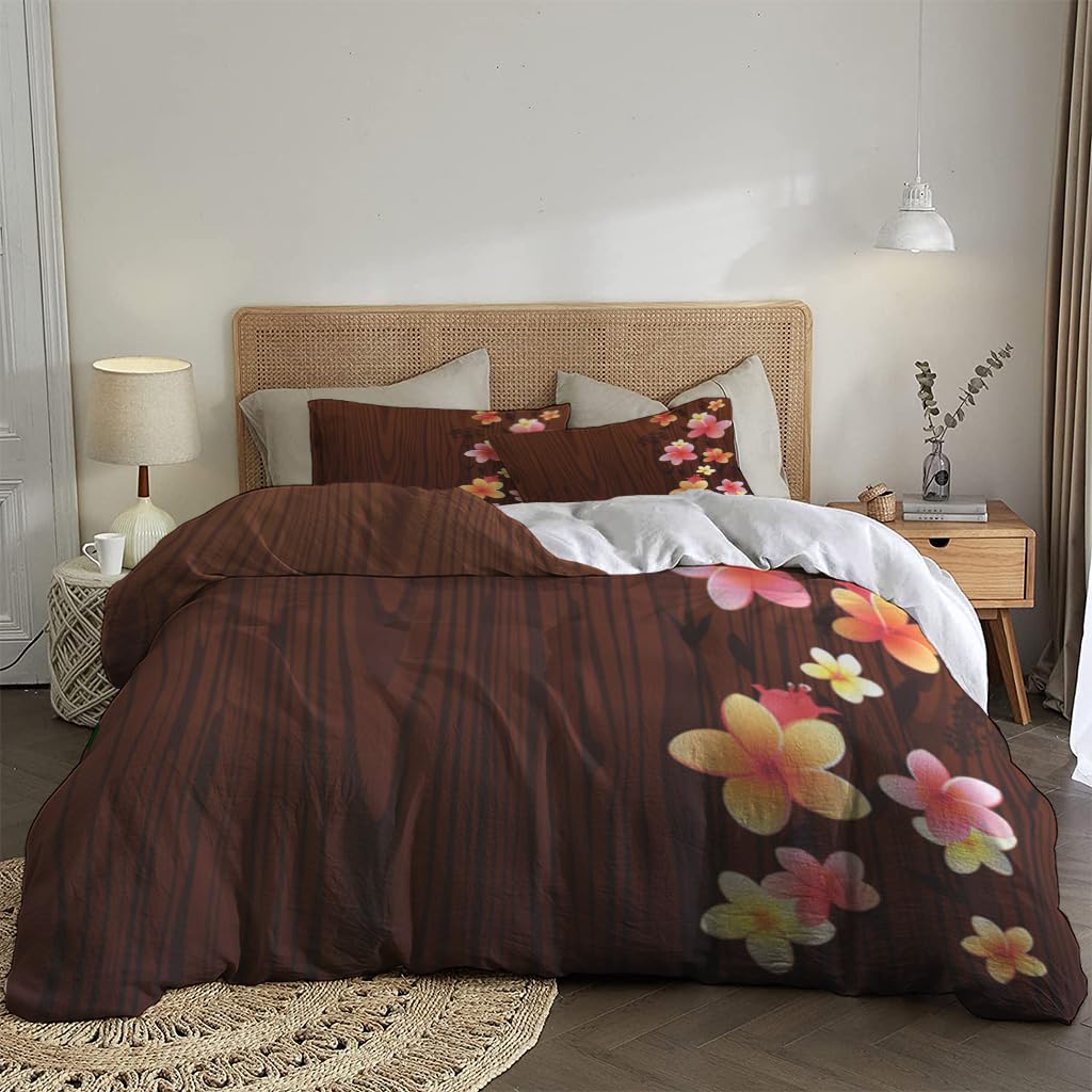 NIBAINLO 布団カバートロピカルなプルメリアの花が飾られた木製 肌に優しい ピーチスキン加工 掛け布団カバー 和式 洋式 あったか 布団カバーセット リバーシブル ホームステイ ホテル 家庭兼用