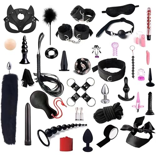 37pc Sex Toys bondaged Restraints Gear & Accessories Handcuffs Sex Ball Gag BDSM Couples Toys for Adults bondaged kit Adult Bed Restraints Blindfold Nipple Clamps Flogger Rope Black Cosplay