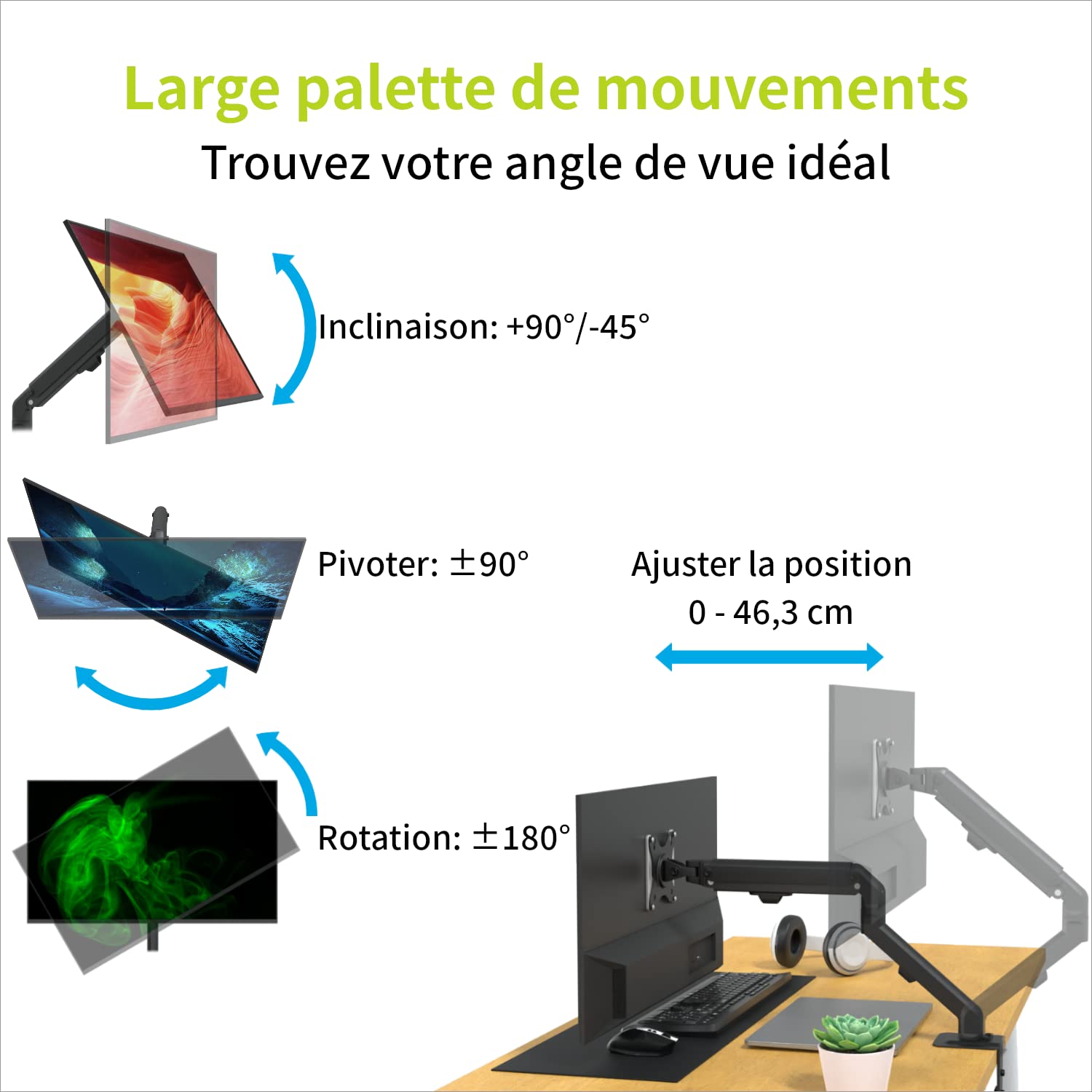 ACROPAQ - Braccio monitor - Braccio a molla, Girevole 360°, Per schermi da 17-27 pollici, Veloce da montare - Monitor arm, Braccio monitor scrivania - Nero