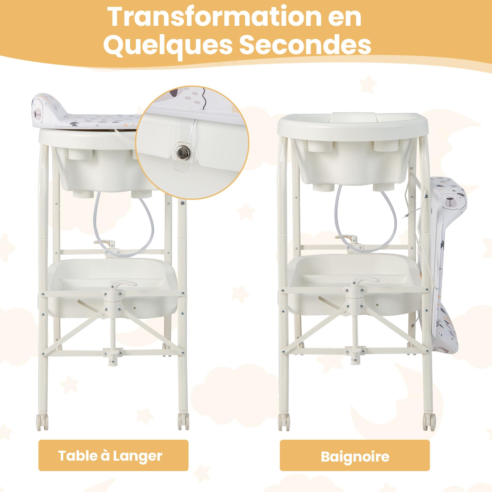 COSTWAY Table à Langer 2 en 1 avec Baignoire 20L Plateau de Rangement, Commode à Langer Pliable Couches Étanches Roue Universelle à Frein Charge 35KG, pour Bébé 0-12 Mois (Blanc)