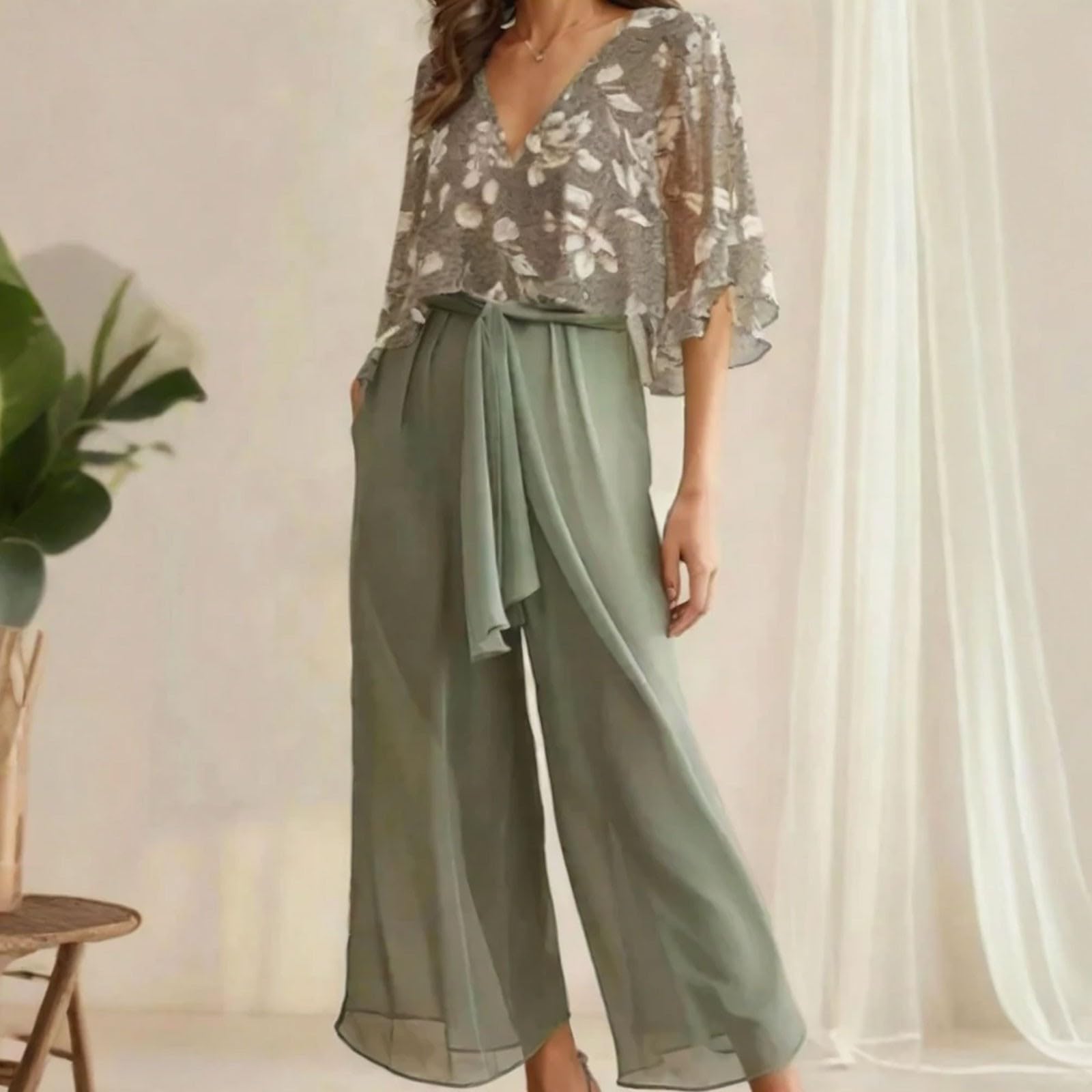 Ensemble 2 pièces pour la mère de la mariée, mariage, femme, festif, élégant, floral, pantalon en dentelle, costume de soirée avec demi-manches, mousseline de soie, dentelle, manches longues, pantalon