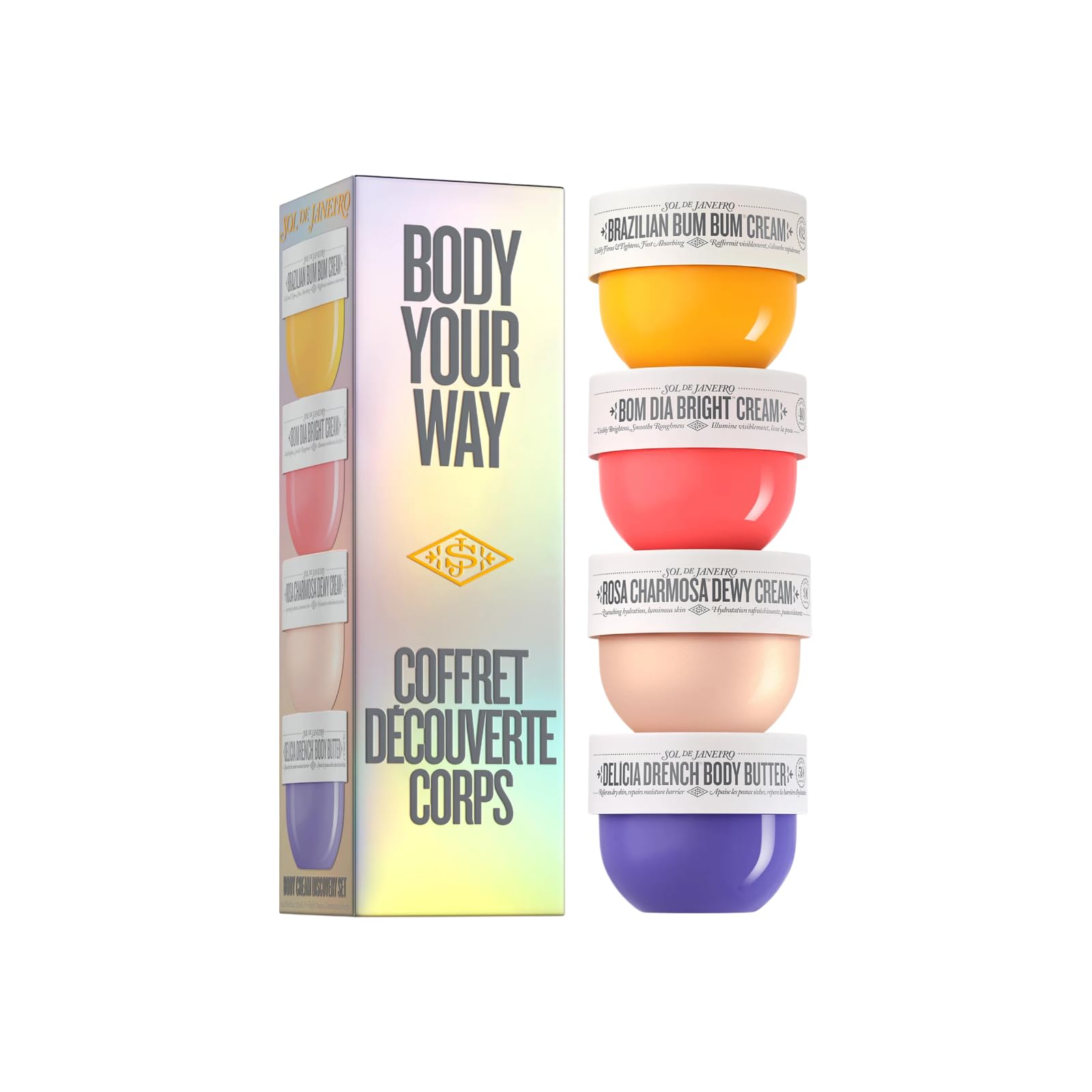 Sol de Janeiro Body Your Way Set de découverte de soins pour le corps, 4 crèmes pour le corps, Crème brésilienne Bum Bum, Bom Dia Bright, Rosa Charmosa Dewy, Beurre corporel Delícia Drench