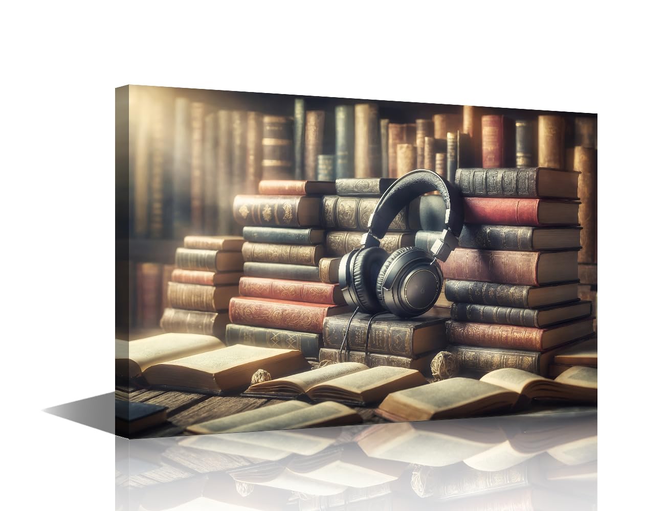 Retor Canvas Wall Art Prints Artwork Headphones with Books Paintings Art Book Pictures on Canvas for Home Wall Decor Study Room Decoration Framed Ready to Hang 12x18inch