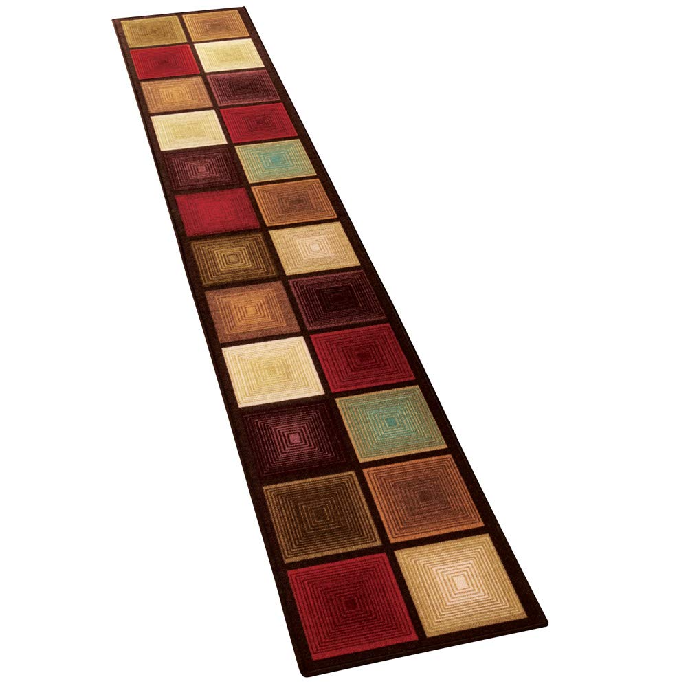 Collections Etc Optic Squares Runner Rug in Deep, Rich Hues - Skid-Resistant Backing Perfect for Hallway, 20" X 120"