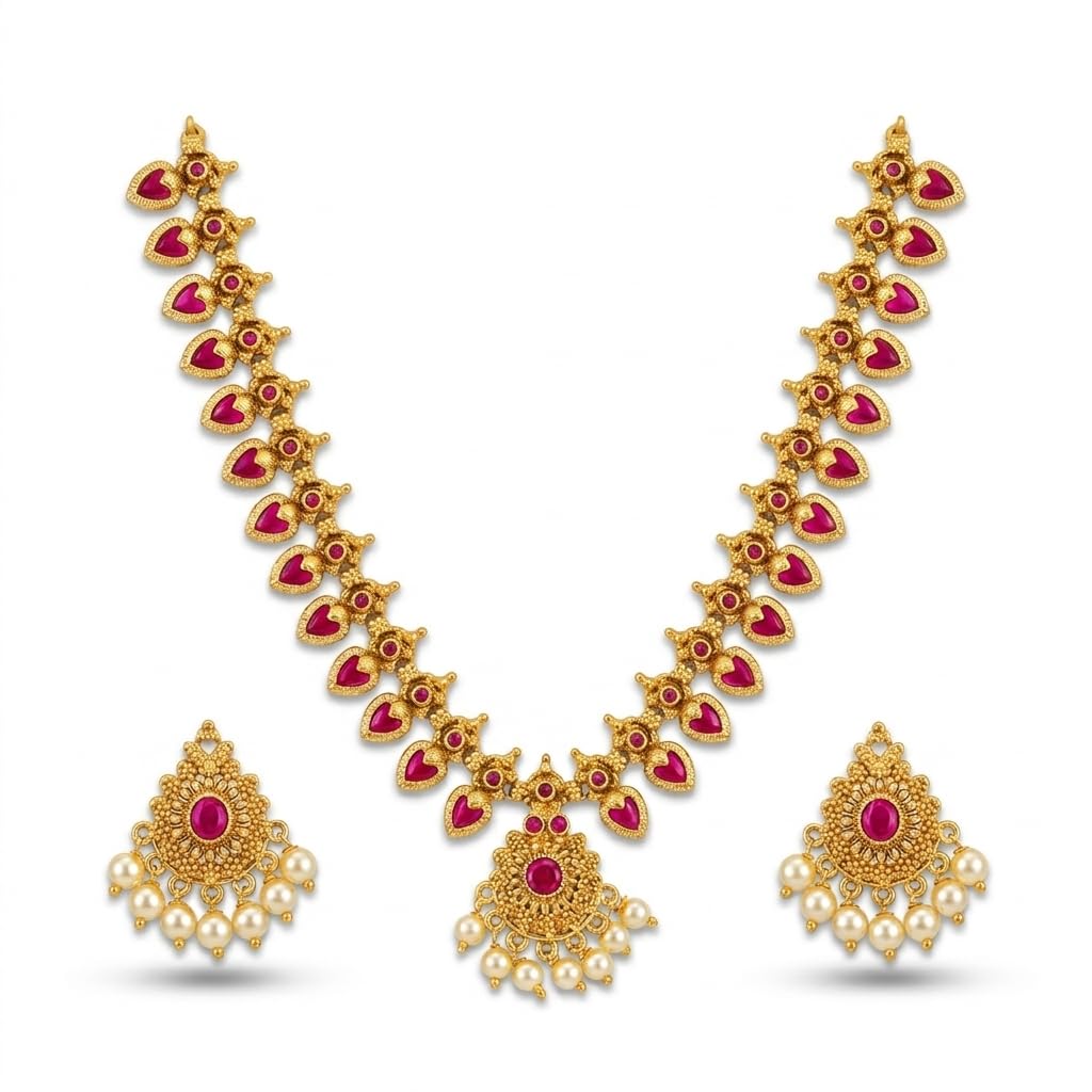 devexa Varnika Grand South Indian Heritage Necklace Set with Pearl, Ruby Stone, Gold-Toned Temple Jewellery-picture-40