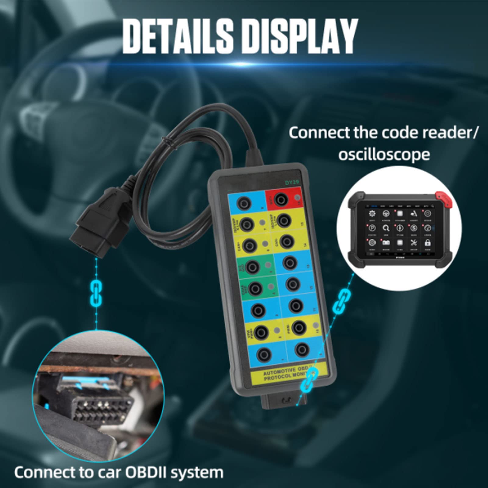 Qiilu 16-poliger OBD2-Breakout-Box OBDII-Protokolldetektor Schnelle Erkennung und einfacher Zugriff auf Überwachungssignale Diagnoseprotokolldetektor OBDII-Schnittstelle für Fahrzeuge