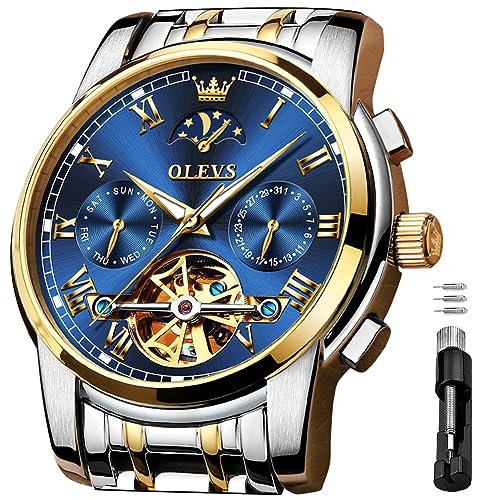 Image of OLEVS Self Winding Watches for Men Automatic Mechanical Skeleton Luxury Dress Waterproof Moon Phase Tourbillon Chronograph Stainless Steel Luminous Wristwatch