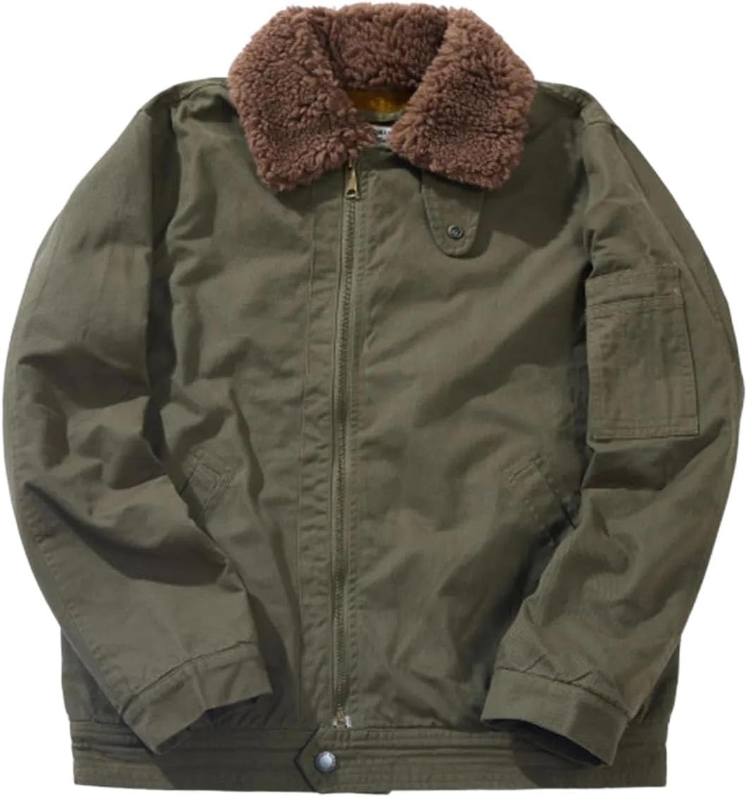 Men's American Retro 100% Cotton Jungle Cloth Sherpa Flight Jacket, High Fluffy Collar