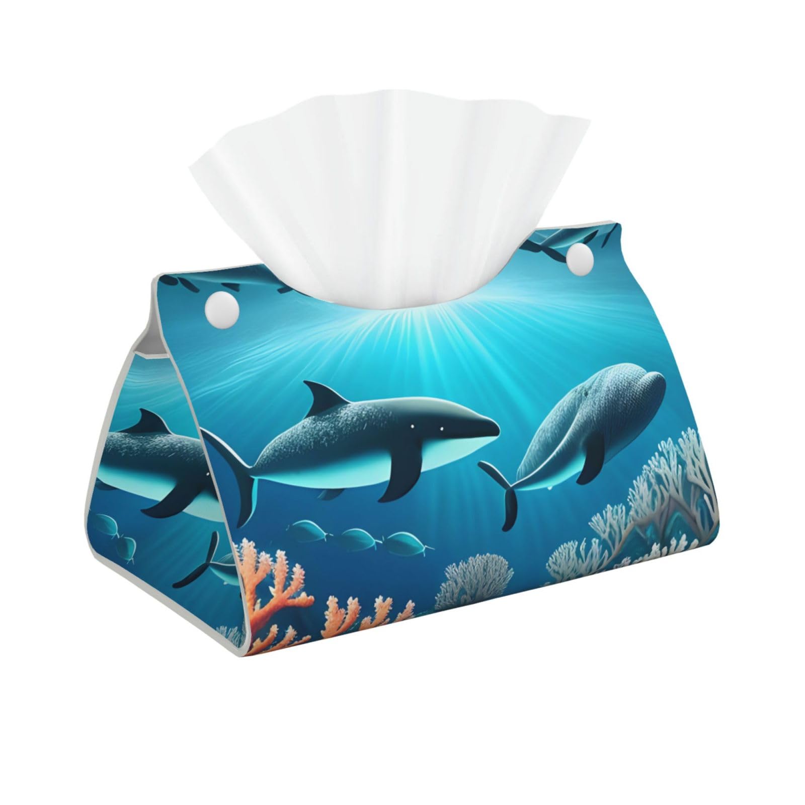 Whales under the sea Long Leather Tissue Box Cover-Waterproof PU Leather Tissue Holder for Bathroom, Decorative Rectangular Tissue Case