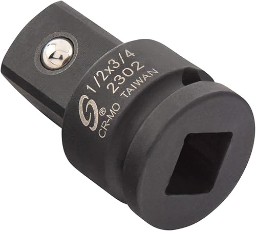 SUNEX TOOLS 2302, unidad de 12 pulgada, adaptador de impacto macho de 12 pulgada hembra x 34 pulgadas, acero Cr-Mo, retén de bola, extremo cuadrado