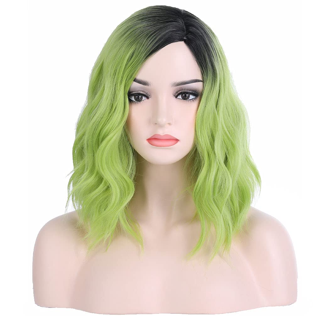 BERON 14 Inches Ombre Green Wig Short Curly Wig Bob Wig Matcha Green Wigs Women Girls Beach Wave Wigs for Cosplay Costume Party Wig Cap Included