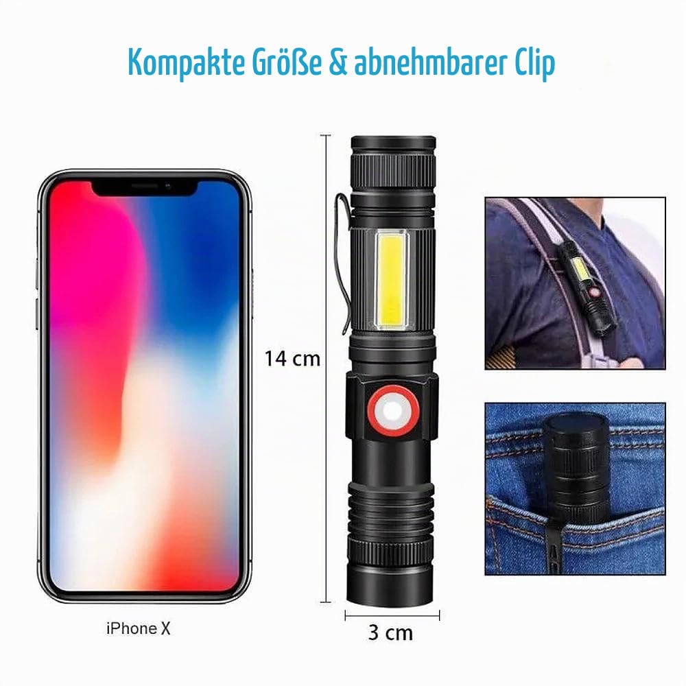 Karrong Taschenlampe LED Aufladbar mit Magnet COB Seitenlicht Zoombar, Extrem Hell 3000 Lumen USB Taschenlampen Batteriebetrieben Wasserdicht, 4 Modi für Outdoor Wandern Camping Notfall, braun