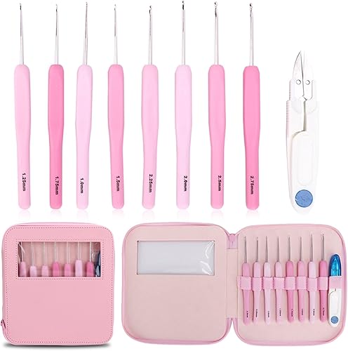 PESUMA Juego de ganchos de ganchillo de 8 tamaños con estuche, juego de ganchos de ganchillo ergonómicos rosas para principiantes, agarre suave,