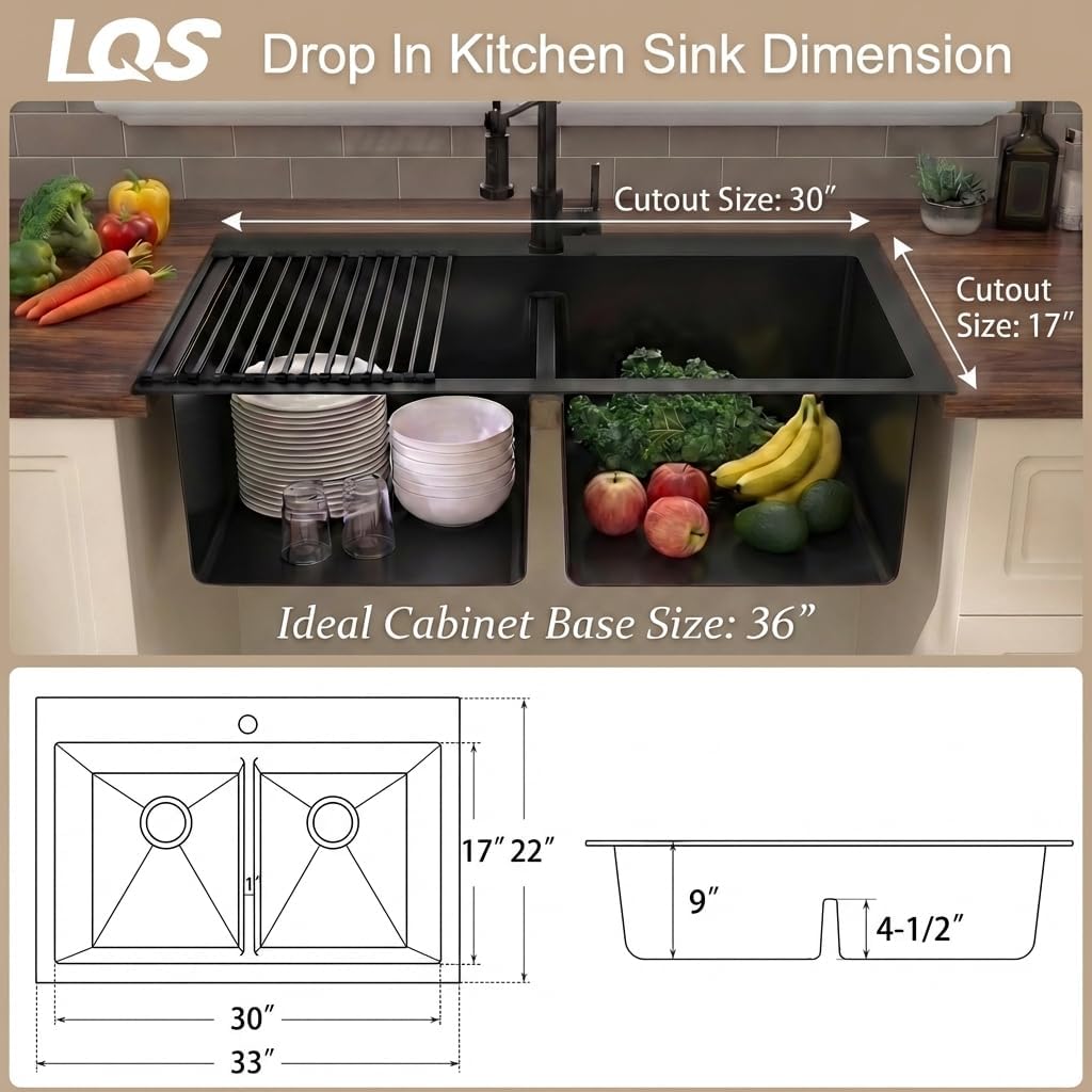 LQS Black Kitchen Sink, 33x22 Drop In Kitchen Sink Black, Top Mount Stainless Steel Sink, Large Capacity, 50/50 Double Bowl Sink with Unique Low-Divider Design For Easier Rinsing and Cleaning
