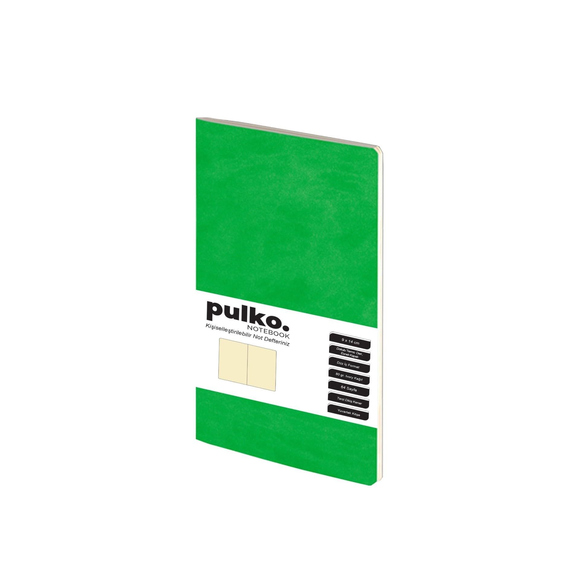 PULKO Notebook Not Defteri, 9x14cm, Terzi Dikiş, Termo Deri Kapak, 64 Sayfa, 80gr. Ivory, Düz, 030, Yeşil