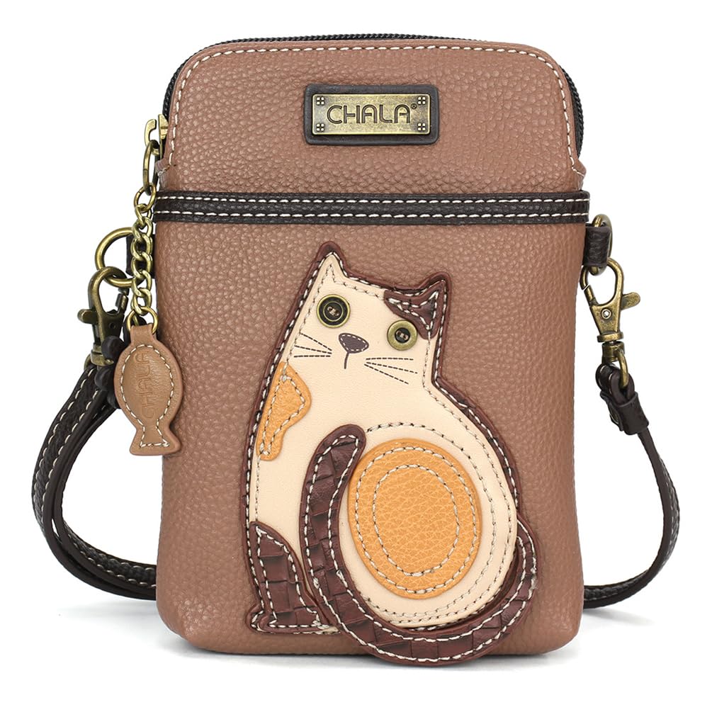 CHALA Cat Collection Cell Phone Crossbody Purse-Women PU Leather/Canvas Multicolor Handbag with Adjustable Strap - LaZzy Cat - brown