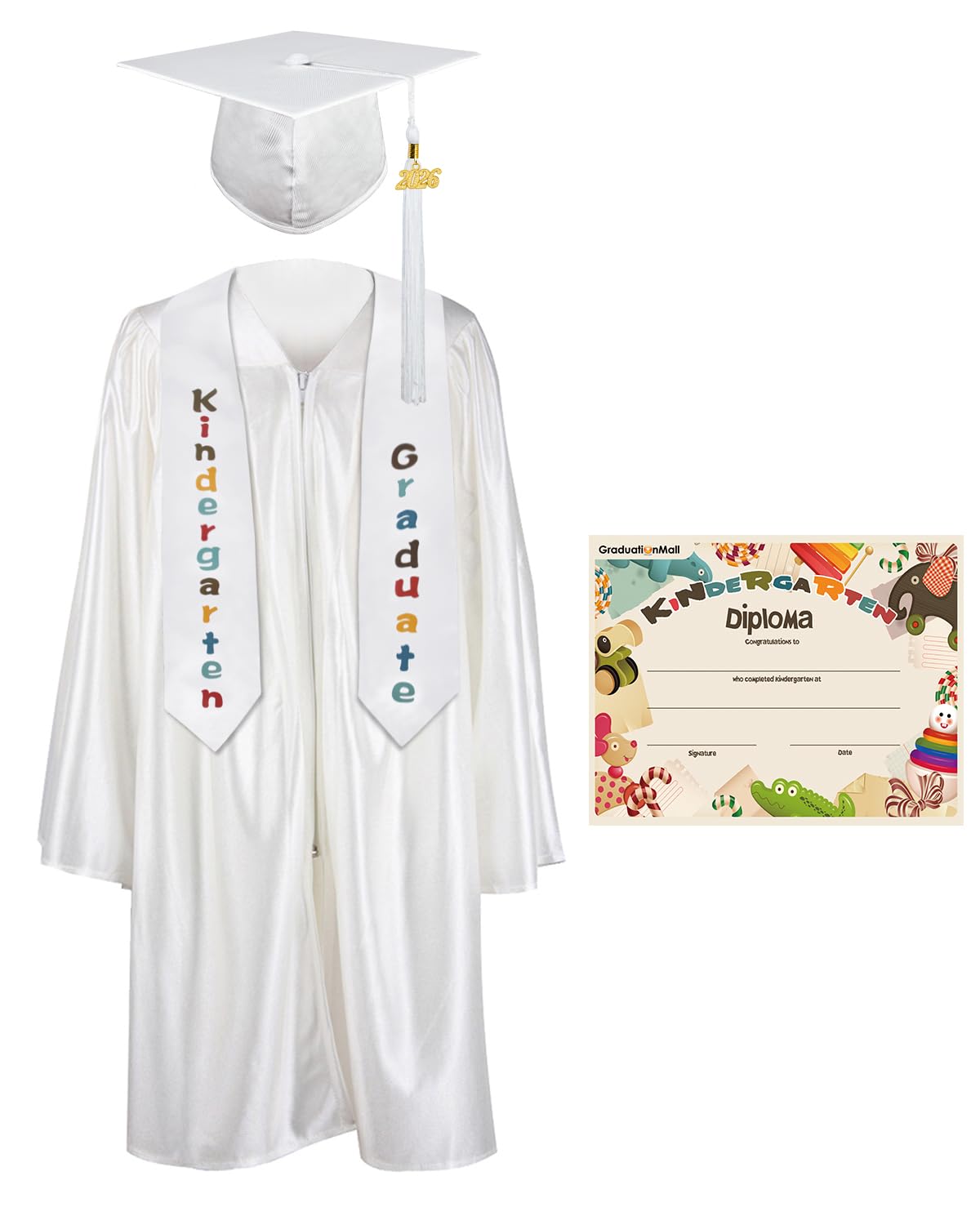 Photo 1 of GraduationMall Kindergarten Graduation Cap Gown Stole Package with 2026 Tassel, Certificate White Small 27(3'6"-3'8")