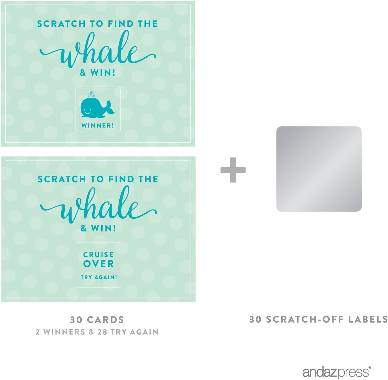 Andaz Press Boy Whale Baby Shower Collection, Games, Activities, Decorations, Baby Scratch Off Winner Game Cards, 30-pack