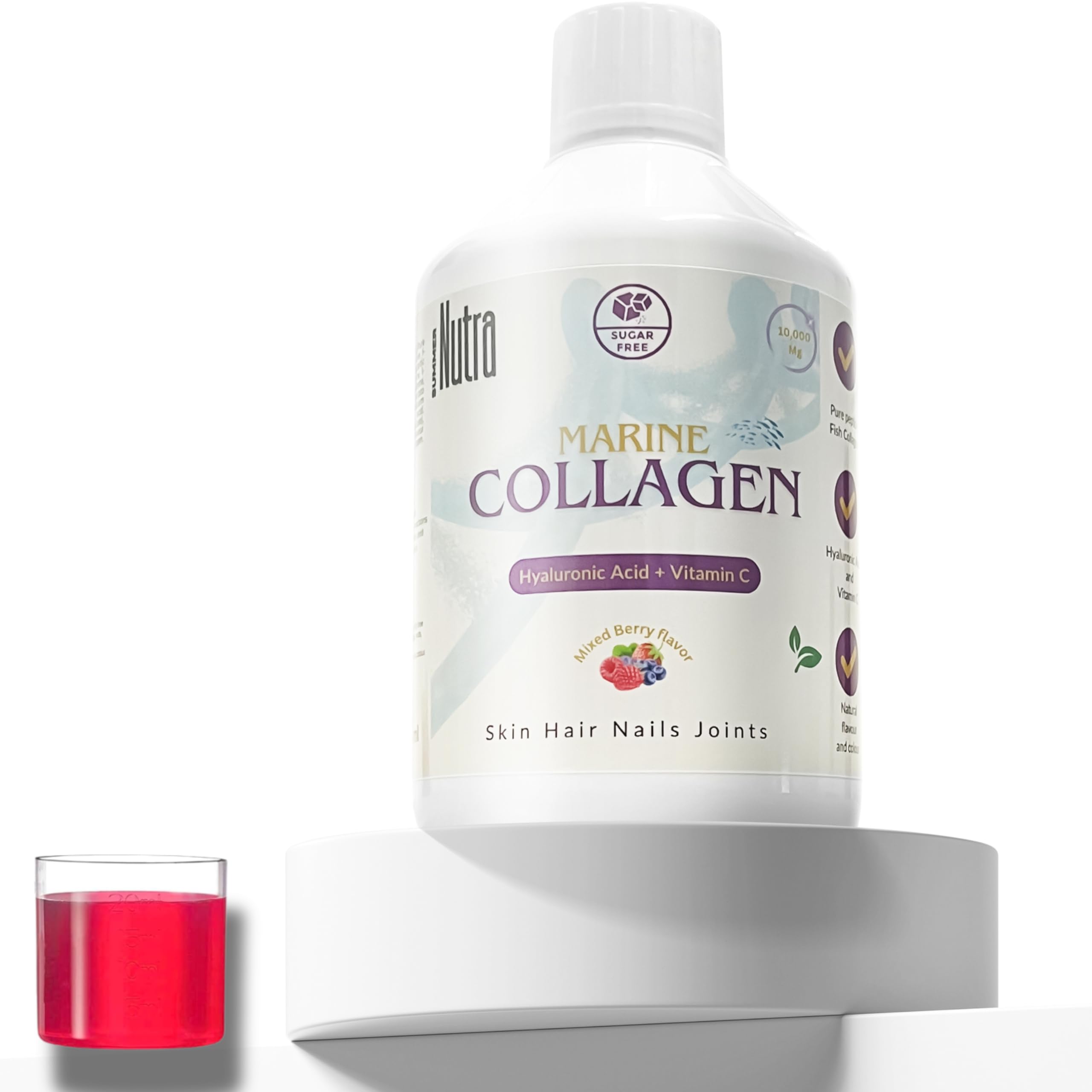 High Strength Marine Collagen - Hydrolysed Pure Peptide infused with Hyaluronic Acid & Vitamin C, D and Biotin, For Skin Joints, Hair and Nails, Berry Liquid Collagen 500ml, 20-day supply