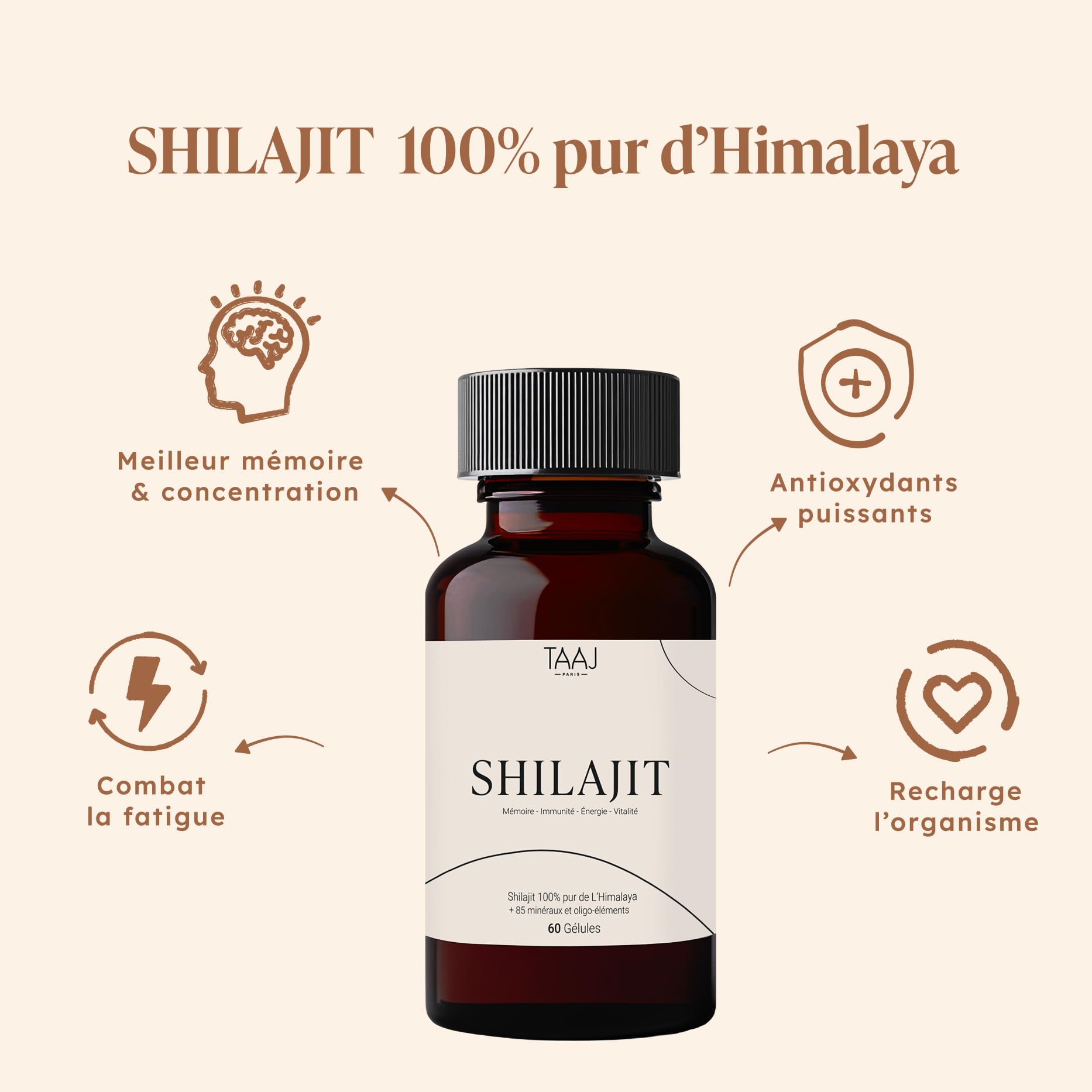 TAAJ | Shilajit en gélules | Pur de l'Himalaya, 100% naturel | 70% d'acides fulviques | + 85 minéraux et oligo-éléments | Antioxydant | Réduit stress & fatigue | Cure de 30 jours | 60 gélules