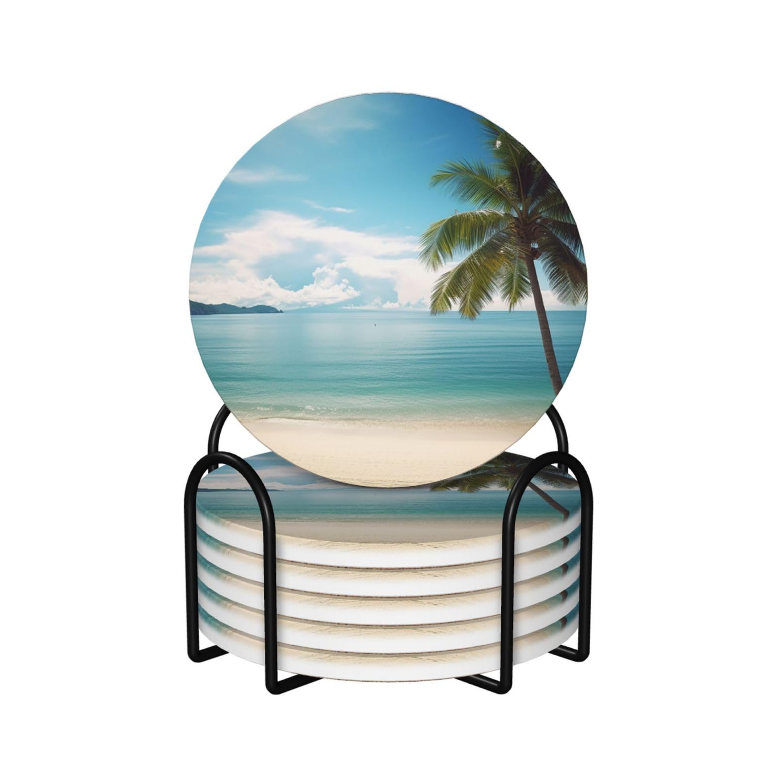 6Pcs Ceramics Coaster for Drinks, Beach and Palm Tree Cup Coasters with Holder, Aesthetic Drink Coasters for Coffee Table, Absorbent Round Coaster for Tabletop Protection 4" Cup Mat Pad