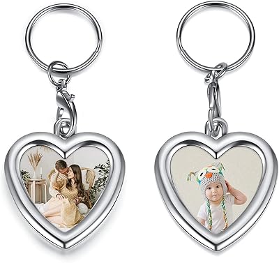 BOPREINA Double Side Personalized Photo Heart Keychains Full Color Engraved Custom Picture Keychain Colorful Pictures Keychain Metal Keyrings Birthday Gift