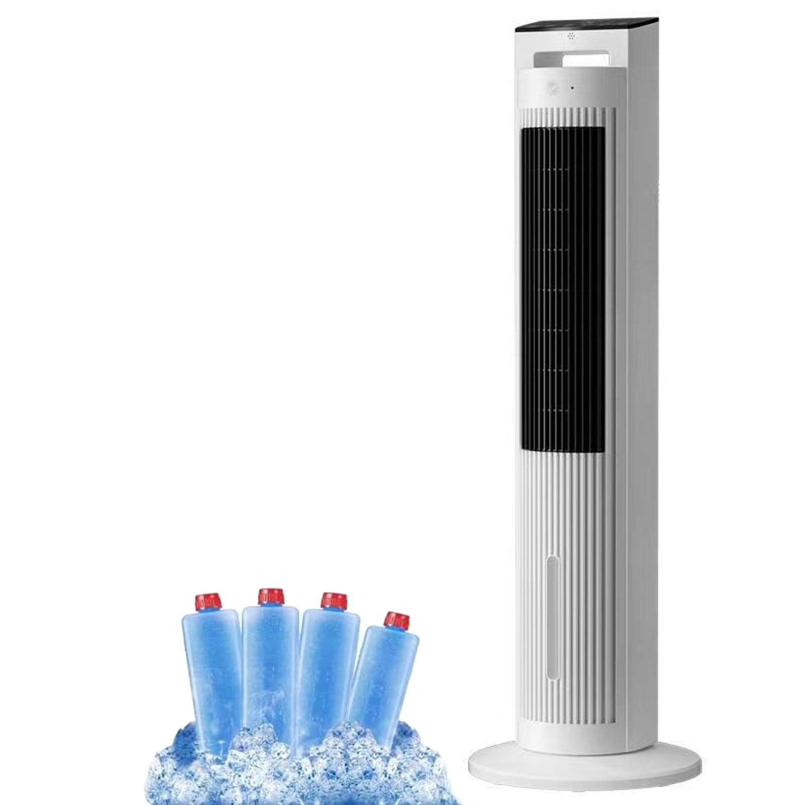 Ventilador de torre sin aspas 4 en 1, con oscilación y 3 velocidades | oscilación automática de 70°, humidificador y generador de iones negativos integrados, mando a distancia táctil