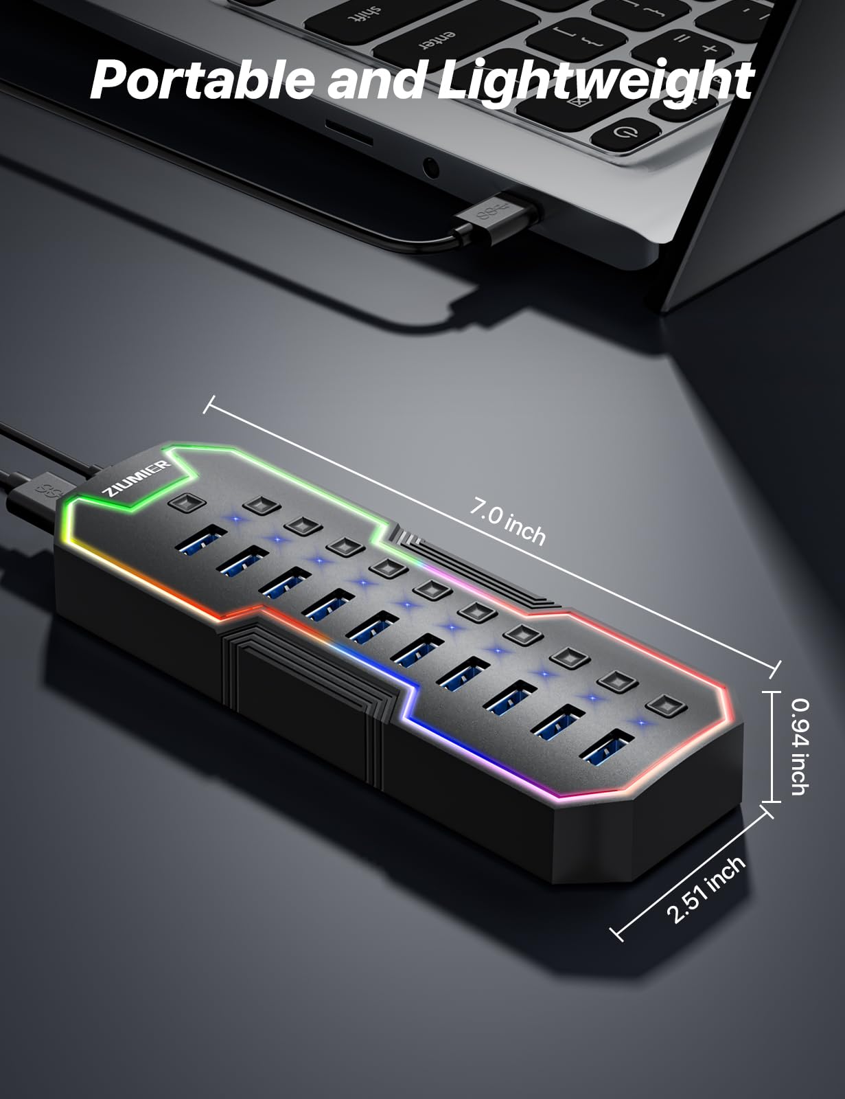 ZIUMIER Hub USB alimenté, 10 ports USB 3.0 avec bande LED RVB et adaptateur d'alimentation 12 V/2 A pour MacBook, Mac Pro, Mac mini, iMac, Surface Pro, XPS, PC, clé USB, disque dur mobile
