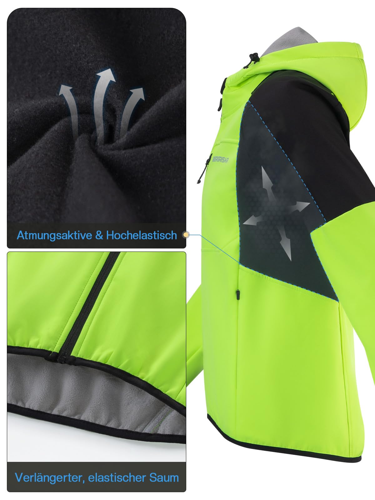 BERGRISAR Giacca da ciclismo da uomo, termica, antivento, impermeabile, traspirante, softshell con cappuccio