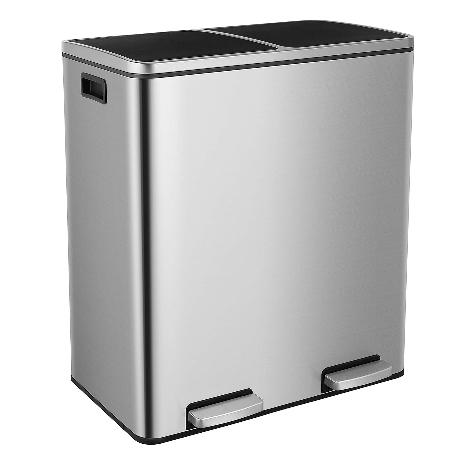 Dual Step T Can, 16 Gallon (60L) Classified Recycle Garbage Bin, 2 x 30L Fingerprint Proof Stainless Steel Rubbish Bin with Plastic Inner Buckets and Hinged Lids