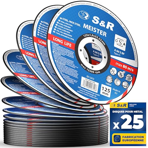 S&R Disque 125 Meule à tronçonner Fer Métal, Acier Inox, Aluminium (125 x1,0x22,23mm A60) - 25 Disques Coupe pour Meuleuse d'Angle