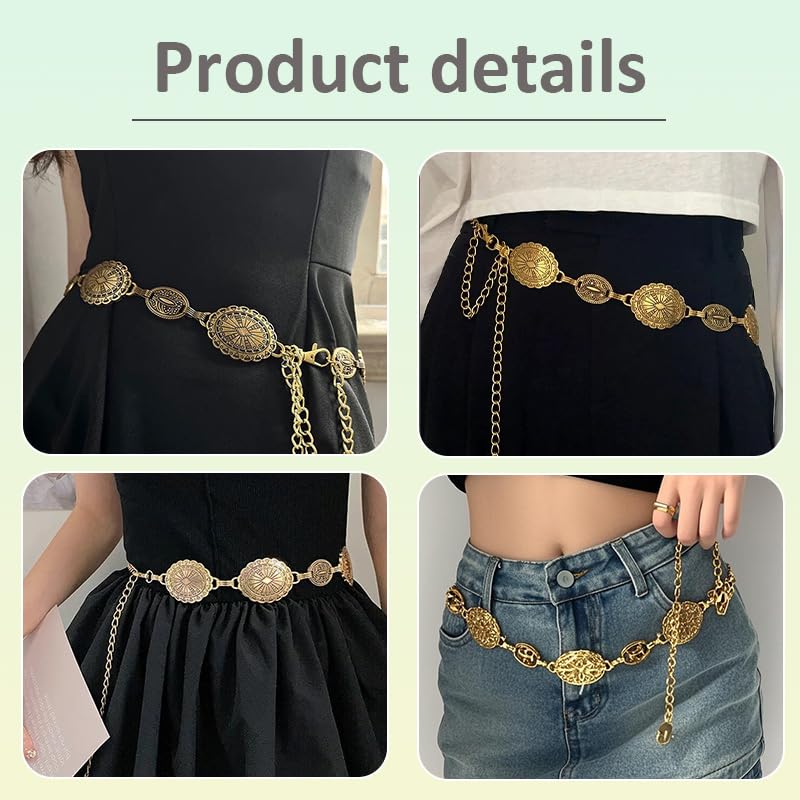 Vintage Western Cowgirl Belt for Women Girls Boho Y2k Grunge Accessories Gold Metal Chain Belts for Women Girls Retro Country Concert Dress Belt for Skirts Jeans Boho Waist Belts Cowgirl Accessories3