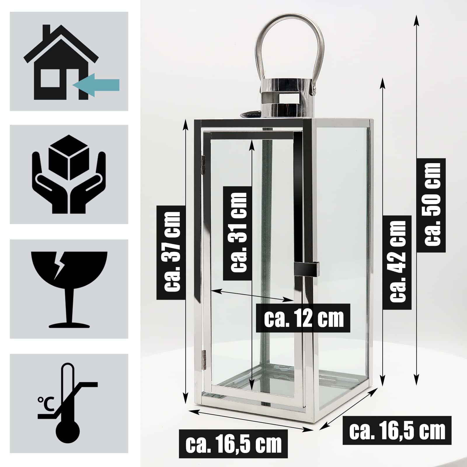 Dekovita 42cm Laterne aus Edelstahl - Gartenlaterne mit Glas-Scheiben und Henkel - Metall Deko-Laterne Windlicht
