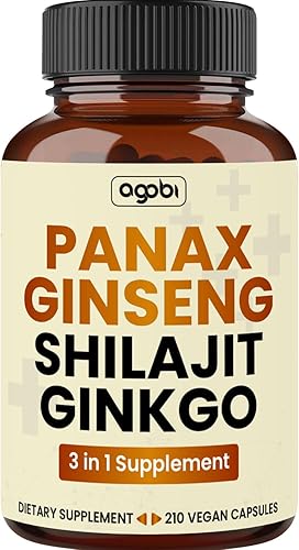 agobi Suplemento de Panax Ginseng de 1000 mg con Shilajit y Ginkgo - 210 cápsulas veganas - Fórmula súper concentrada para producción de energía,