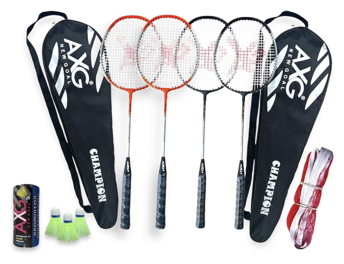 AXG NEW GOAL Isometric Champion Tenacious Wide Body Rackets (Set of 4) with Plastic Shuttles, Net and Cover Badminton Kit (Multicolor)
