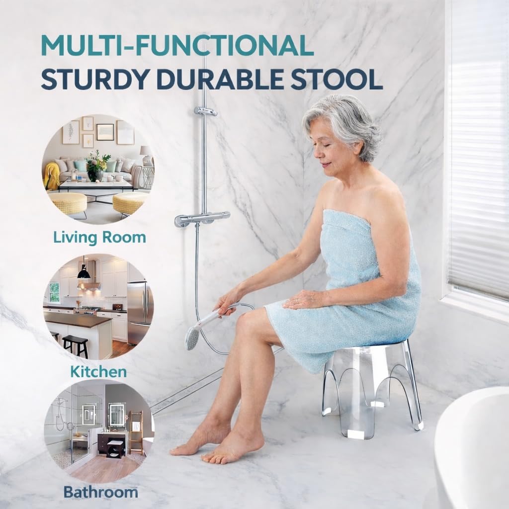 Acrylic Small Shower Stool for Inside Shower - Waterproof Bathroom Stool Clear Shower Stool for Shaving Legs, Corner Round Stool with Anti-Slip for Small Spaces, 300 lb, Tool-Free Assembly