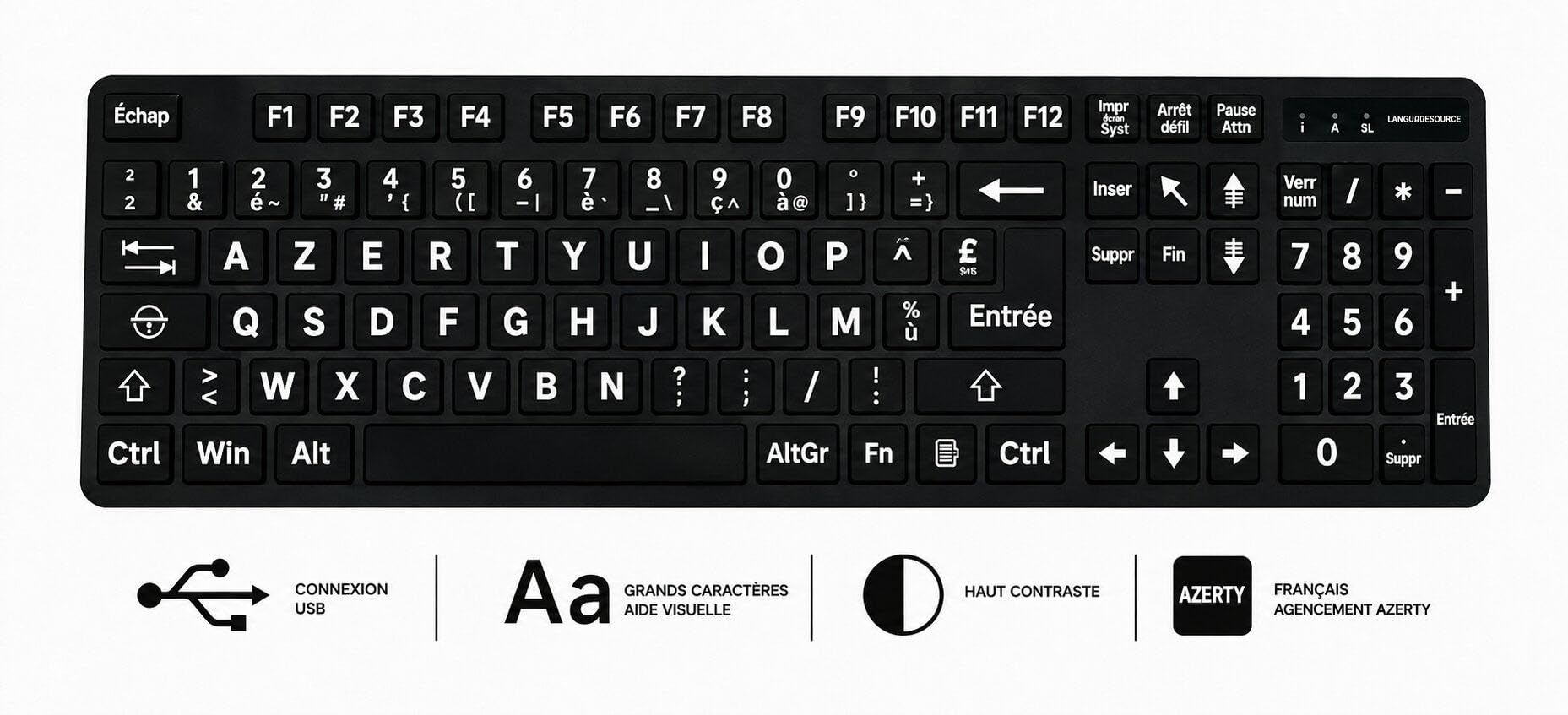 Tastiera francese con stampa grande, layout francese azerty, tastiere USB cablate per computer per ipovedenti e ipovedenti